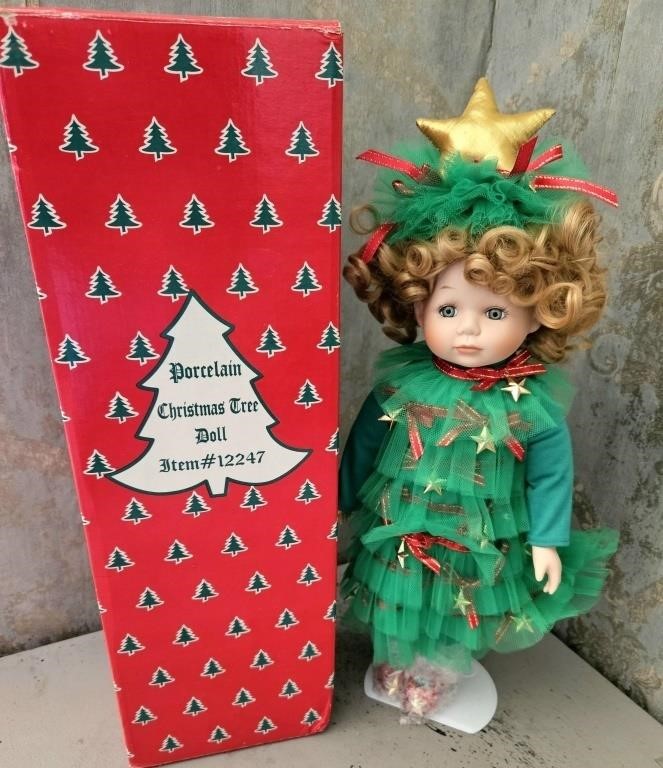 Porcelain Christmas Tree Doll in Box 17"