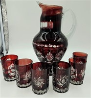 Bohemian Cut Ruby Red Crystal Pitcher & 6 Glasses