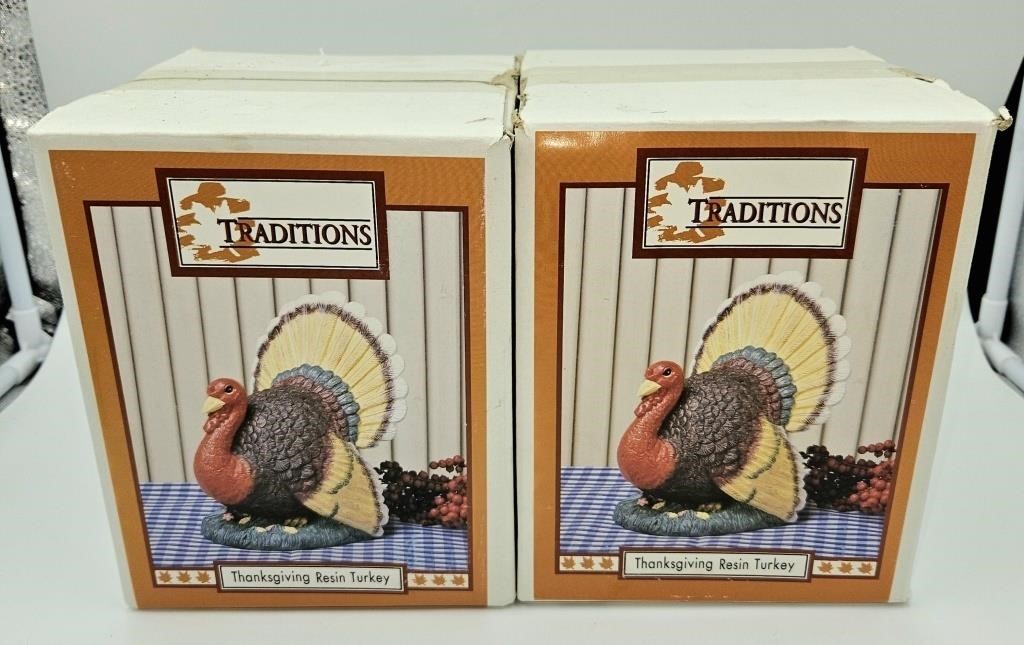 2 Resin Turkey Figures in Boxes NOS