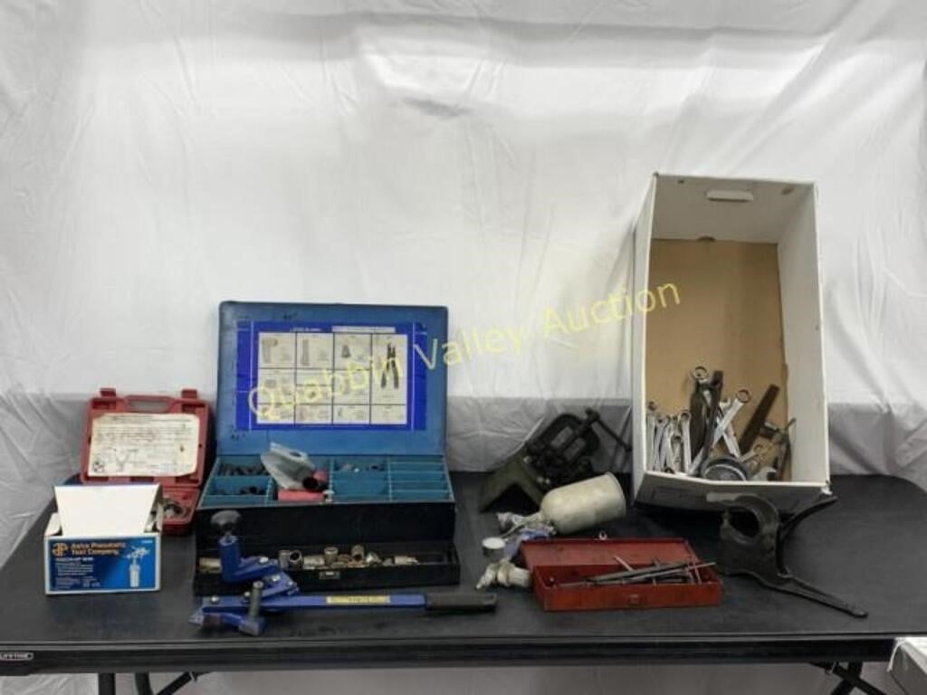 ASSORTED TOOLS, FITTINGS, WRENCHES & PAINT GUN