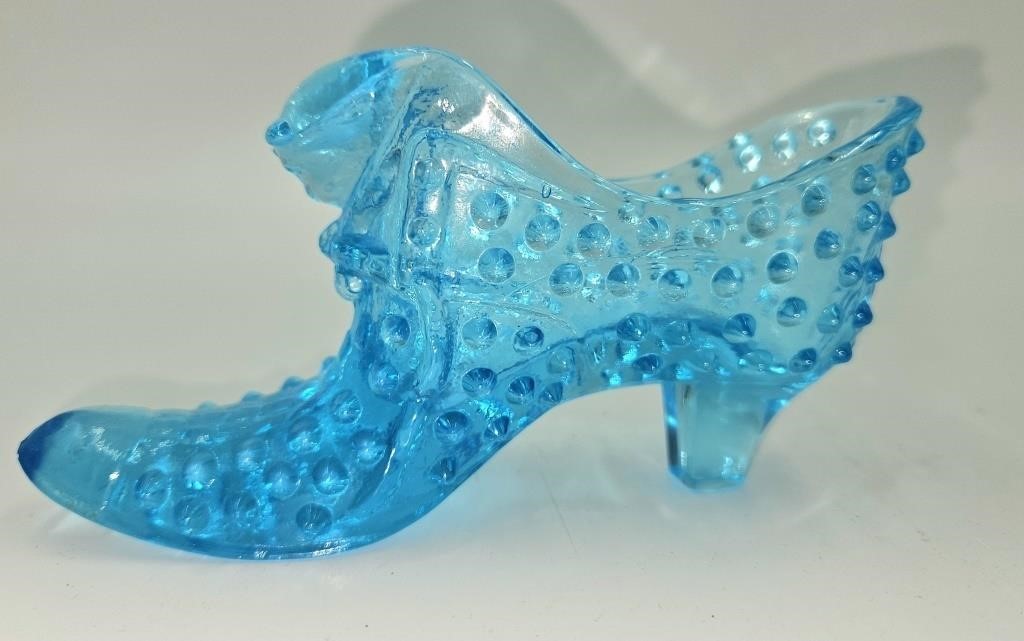 Fenton Blue Glass Slipper Victorian Hobnail 5 1/2"