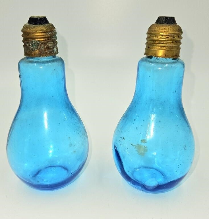 2 Blue Glass Light Bulb Bottles 5 5/8" Tall