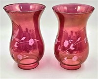 Pair of Cranberry Globes w/ Hummingbird 6 1/4"