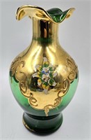 Bohemian Emerald Green and Gold Vase 9"