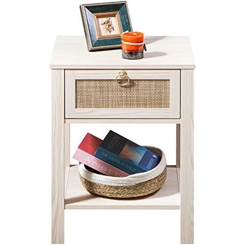 SICOTAS White Nightstand,Rattan Decor Drawer with