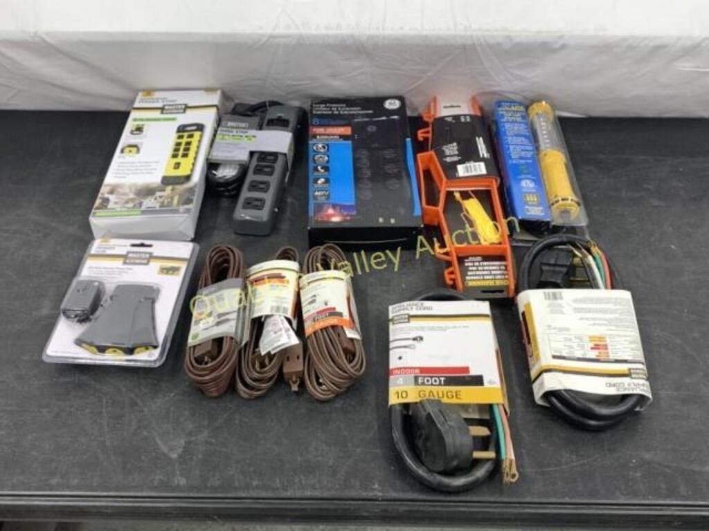 ASSORTED POWER CORDS, STRIPS & WORK LIGHTS