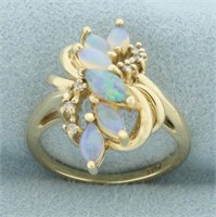 Opal and Diamond Vertical Spray Design Ring in 10k