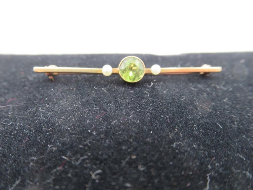 ANTIQUE 14K PERIDOT AND SEED PEARL BROOCH