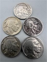 5 Various Date Buffalo Nickels