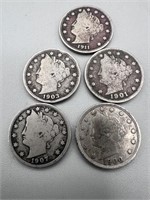 5 Various Date Liberty Head V Nickels