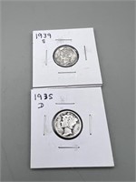 (Times 2) 1935-D, 1939-S Mercury Silver Dimes