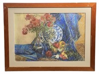 Large Still Life Pastel Painting with Flowers & Fr