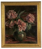 W. Hall- 1943 Still Life Flowers Oil Painting