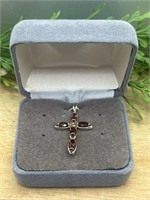 10k Yellow Gold Cross Pendant MARKED Red Stones