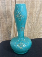 Vintage Blue Green Glass Vase Floral Painted Milk
