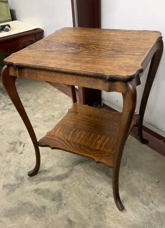 Antique Tiger Oak Square 2-Tier Parlor Table. In