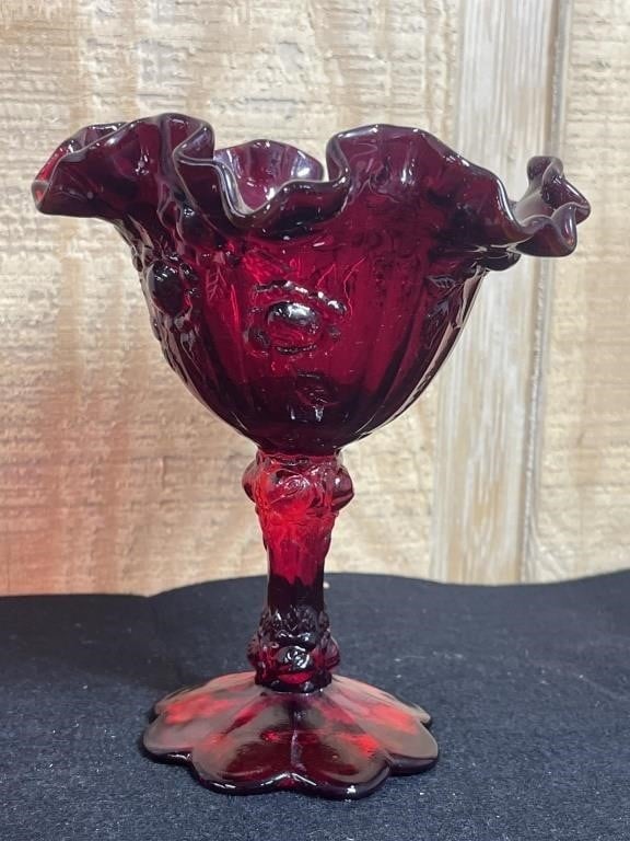 Fenton Ruby Red Ruffled Rose 6.5" Pedestal Bowl