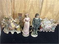 4 Porcelain Pieces - 2 Figurines & 2 Holders