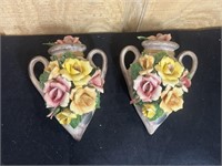 Pair of 8" Capodimonte Floral Vases Yellow Pink