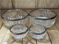 4 Silver Rimmed Glass Bowls - Two 9" & Two 5"