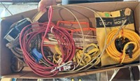 BOX LOT OF ASSORTED ROPES, CABLES, STRING &