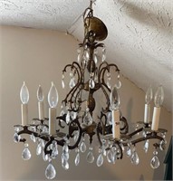 Brass Cast Chandelier with Crystal Drops
