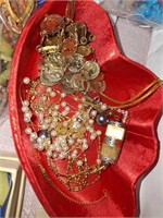 RED HEARTS BOX OF COSTUME JEWELRY