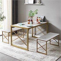 55", White&Gold VECELO Kitchen Table with 2 Bench