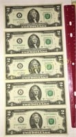 LOT 5 $2.00 BILLS IN SEQUENTIAL ORDER
