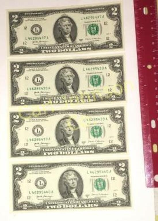 LOT 4 $2.00 BILLS IN SEQUENTIAL ORDER