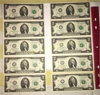 LOT 10 $2.00 BILLS IN SEQUENTIAL ORDER