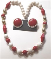 RED WHITE GOLD BEAD NECKLACE & EARRINGS SET
