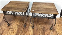 Pair of wood top end tables, metal legs, 22x22 in