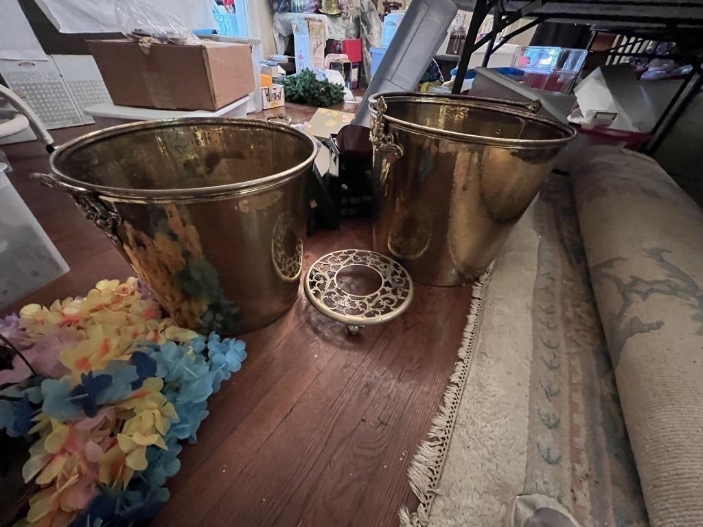 TWO LARGE BRASS PLANTERS AND DOLLY