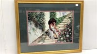 Art print of woman in garden, double matted,