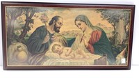 Holy Family colored lithograph in 16x32 in wood