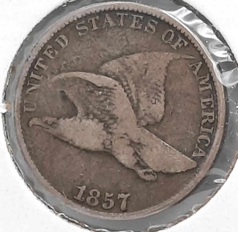 1857 Flying Eagle 1 Cent Coin.  Fine