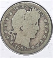 1907  Barber Quarter  90% Silver
