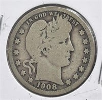 1908  Barber Quarter  90% Silver