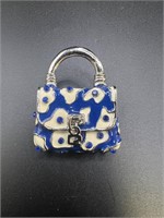 Adorable blue and silver toned handbag brooch