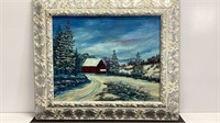 Original oil on board painting of cabin in snow