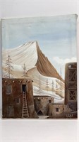 Original oil on canvas painting of adobe houses,