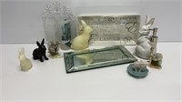 Misc small animal figurines, (2) trays, rabbit