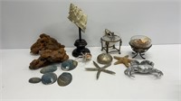Beachy decor lot: seashells, driftwood pieces,