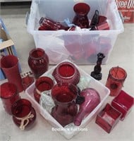2 tubs and box of red glass - on cart 46
