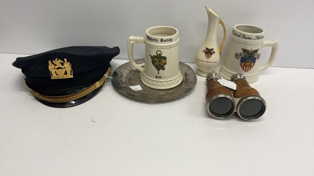 WWI era binoculars, vintage New York police cap,