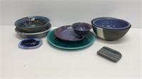 Pottery lot: snack bowl/plate, (3) bowls, soap