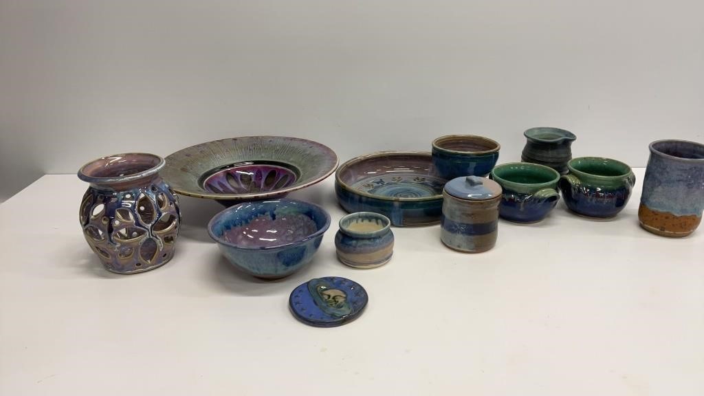 Blue/purple/green/gray pottery, some signed: