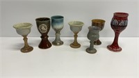 (7) pottery goblets: (2) signed, (2) wooden bases