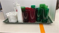 22x16’’ green metal tray w/(4) milk glass pieces,